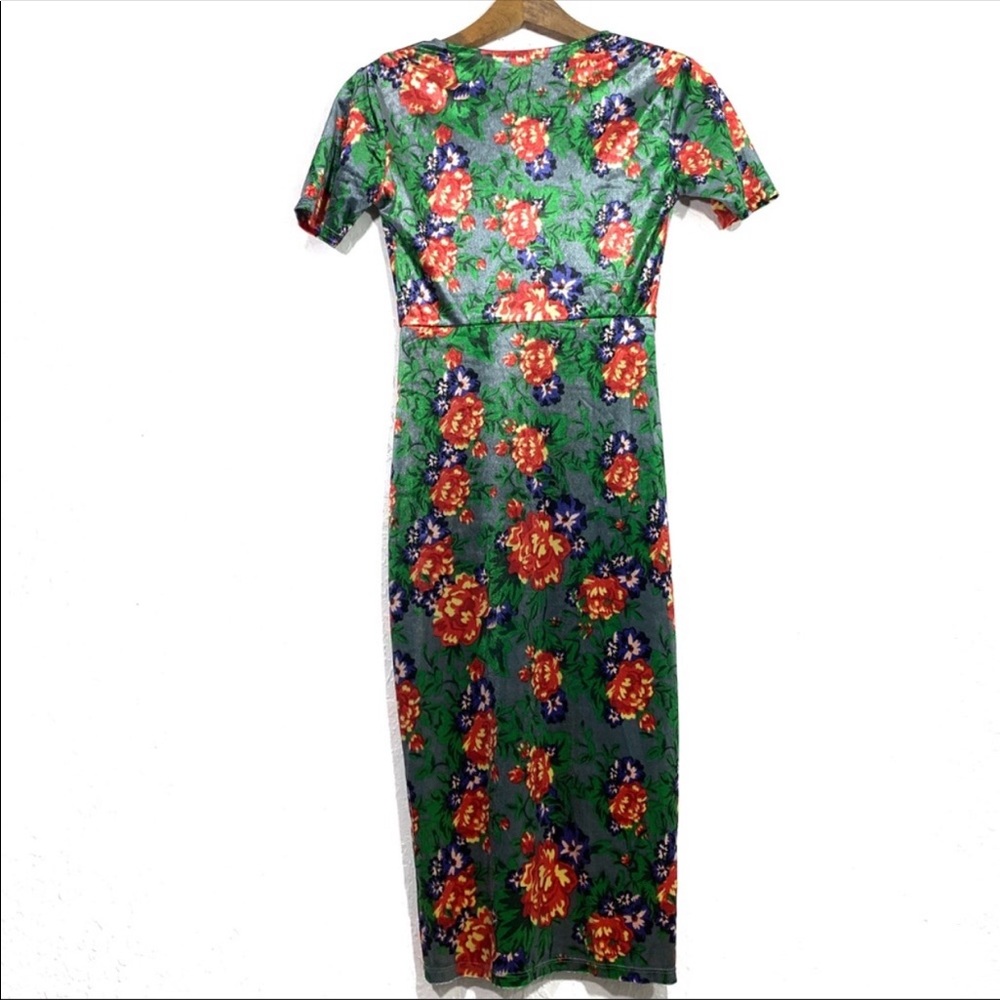 Zara Green Velvet Floral Midi Dress - Picture 4 of 8